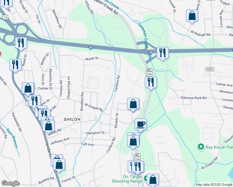 map of restaurants, bars, coffee shops, grocery stores, and more near 57 Booker Street in Asheville