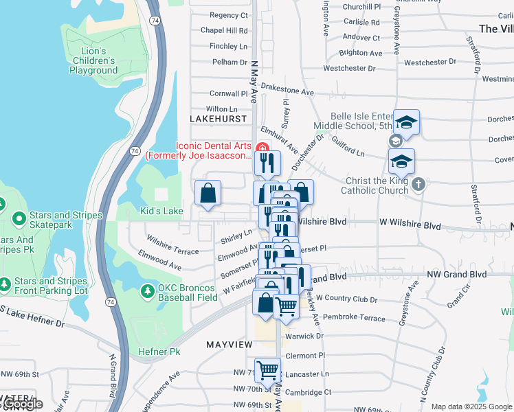 map of restaurants, bars, coffee shops, grocery stores, and more near 3001 West Wilshire Boulevard in Oklahoma City