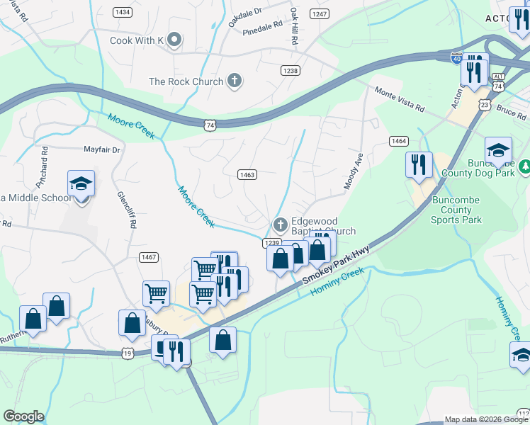 map of restaurants, bars, coffee shops, grocery stores, and more near 130 Lower Edgewood Road in Candler