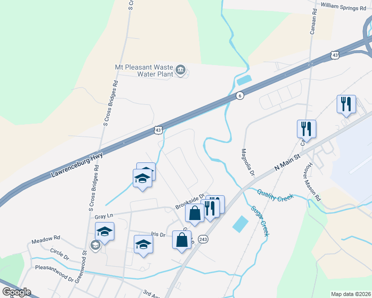 map of restaurants, bars, coffee shops, grocery stores, and more near 419 Brookside Drive in Mount Pleasant