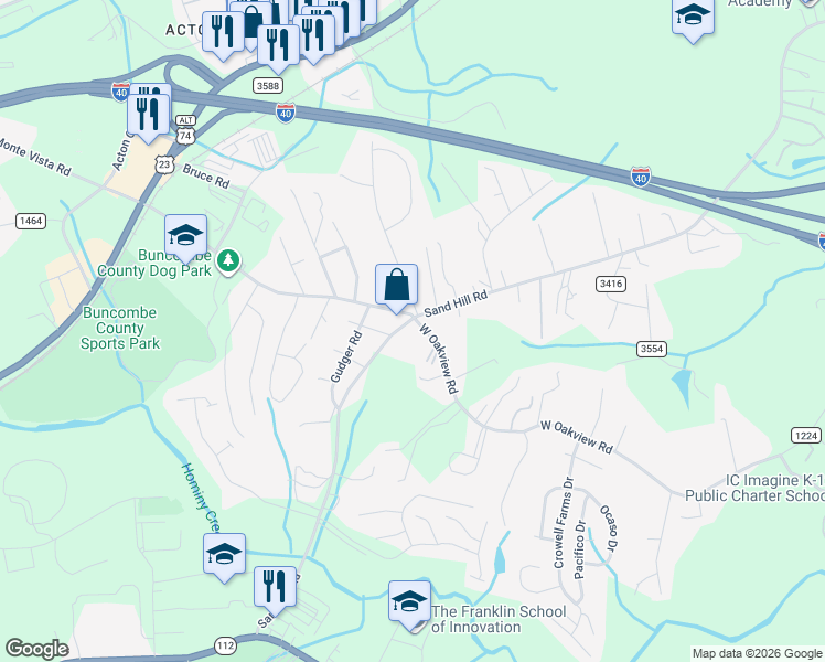 map of restaurants, bars, coffee shops, grocery stores, and more near 902 Sand Hill Road in Asheville