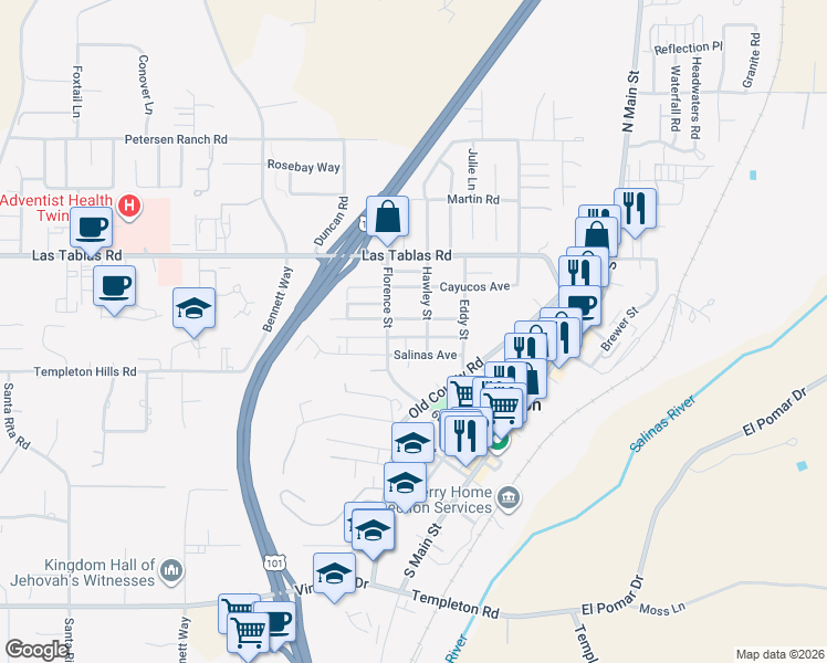 map of restaurants, bars, coffee shops, grocery stores, and more near 608 Salinas Avenue in Templeton
