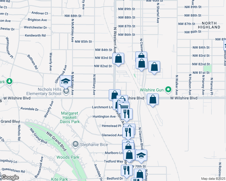 map of restaurants, bars, coffee shops, grocery stores, and more near 1101 West Wilshire Boulevard in Oklahoma City