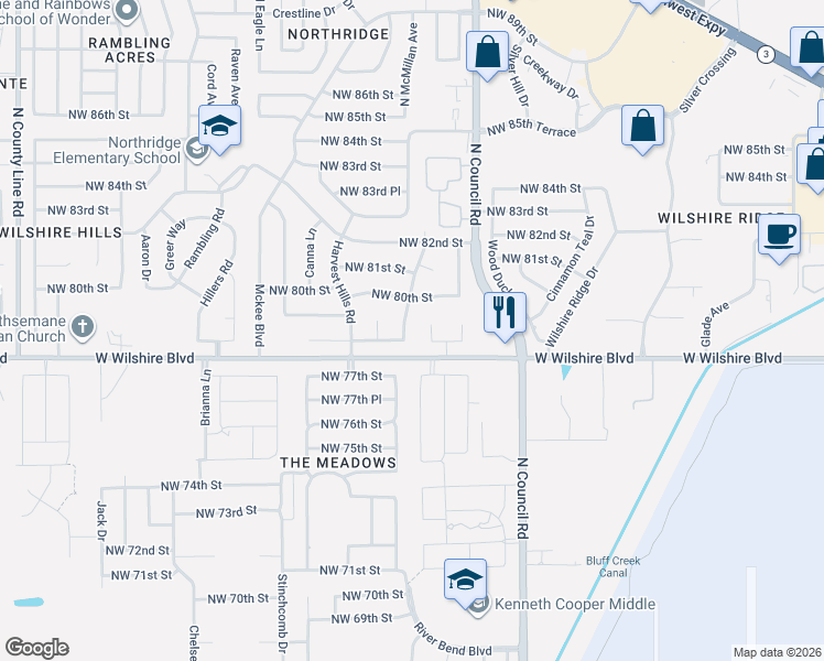 map of restaurants, bars, coffee shops, grocery stores, and more near 8102 Northwest 78th Terrace in Oklahoma City