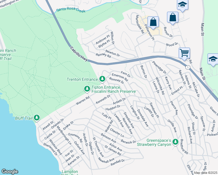map of restaurants, bars, coffee shops, grocery stores, and more near Alban Place in Cambria