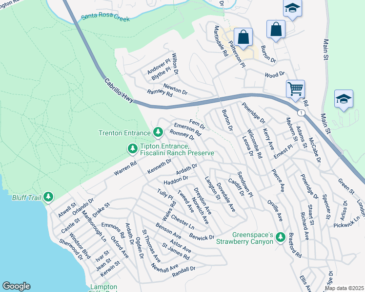 map of restaurants, bars, coffee shops, grocery stores, and more near 2480 Cowper Street in Cambria