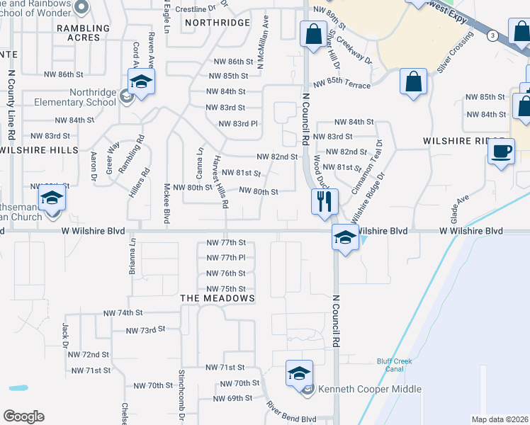 map of restaurants, bars, coffee shops, grocery stores, and more near 8102 Northwest 78th Terrace in Oklahoma City