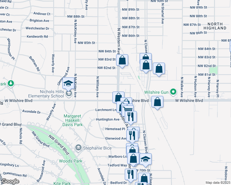 map of restaurants, bars, coffee shops, grocery stores, and more near 1101 West Wilshire Boulevard in Oklahoma City