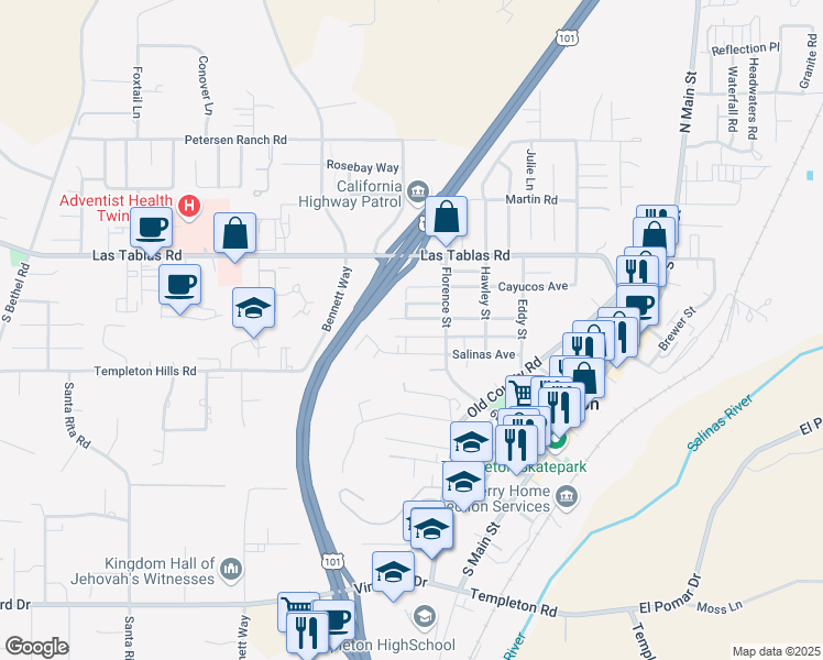 map of restaurants, bars, coffee shops, grocery stores, and more near 799 Forest Avenue in Templeton