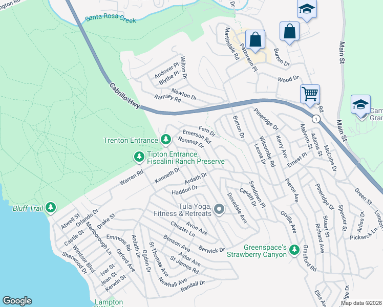 map of restaurants, bars, coffee shops, grocery stores, and more near 2480 Cowper Street in Cambria