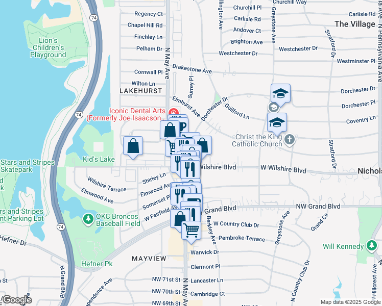 map of restaurants, bars, coffee shops, grocery stores, and more near 2821 West Wilshire Boulevard in Oklahoma City