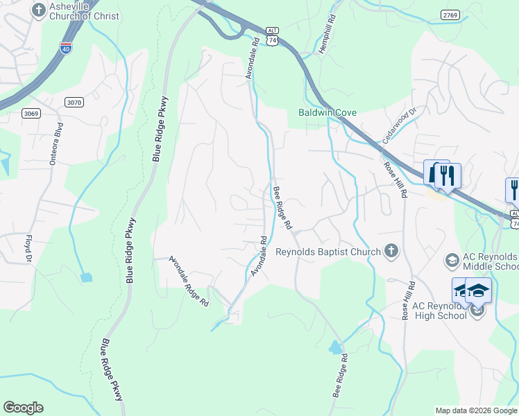 map of restaurants, bars, coffee shops, grocery stores, and more near 85 Avondale Road in Asheville