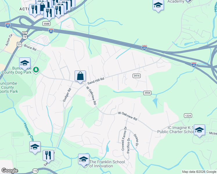 map of restaurants, bars, coffee shops, grocery stores, and more near 18 West Oakview Road in Asheville