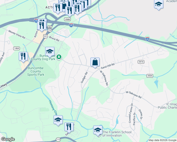 map of restaurants, bars, coffee shops, grocery stores, and more near 913 Sand Hill Road in Asheville