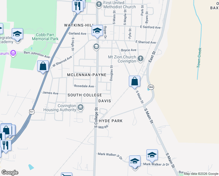map of restaurants, bars, coffee shops, grocery stores, and more near 212 Boals Avenue in Covington