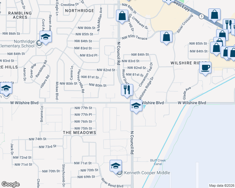 map of restaurants, bars, coffee shops, grocery stores, and more near 7908 Debra Court in Oklahoma City