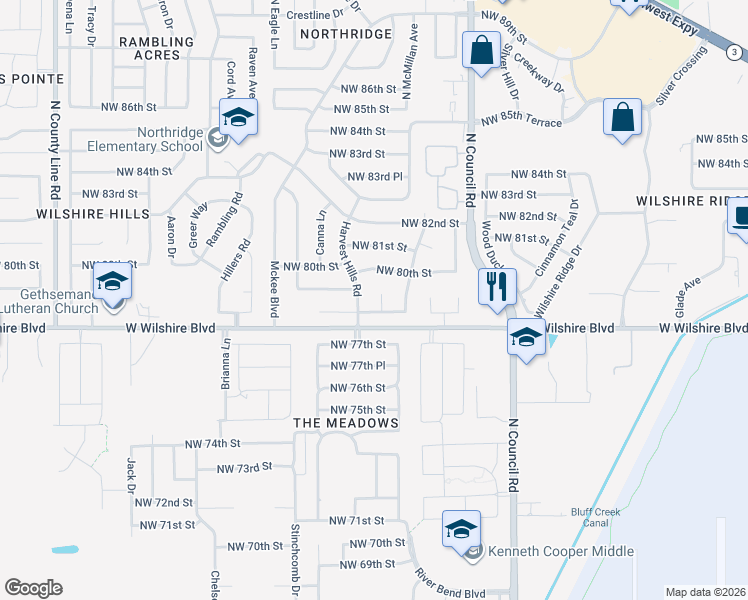 map of restaurants, bars, coffee shops, grocery stores, and more near 8128 Northwest 78th Terrace in Oklahoma City