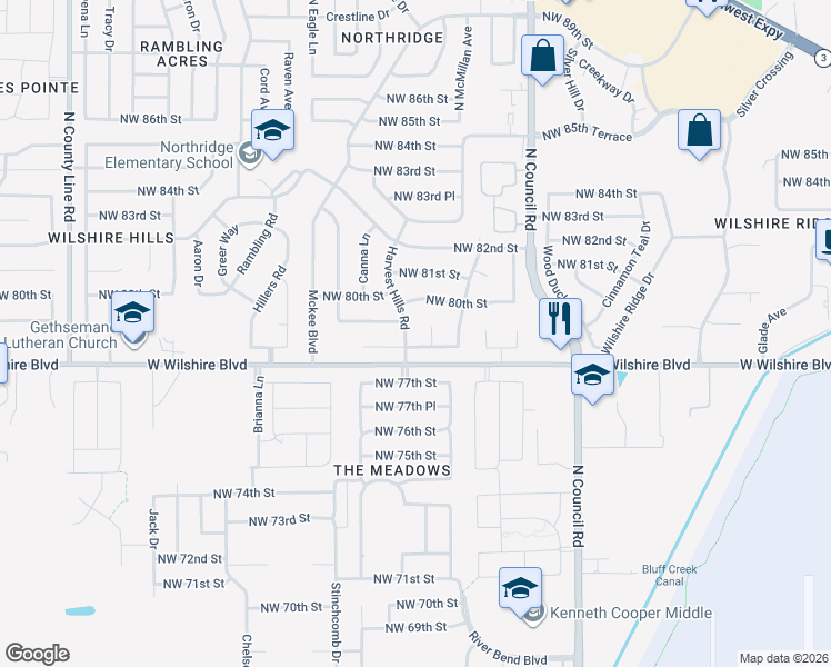 map of restaurants, bars, coffee shops, grocery stores, and more near 8128 Northwest 78th Terrace in Oklahoma City