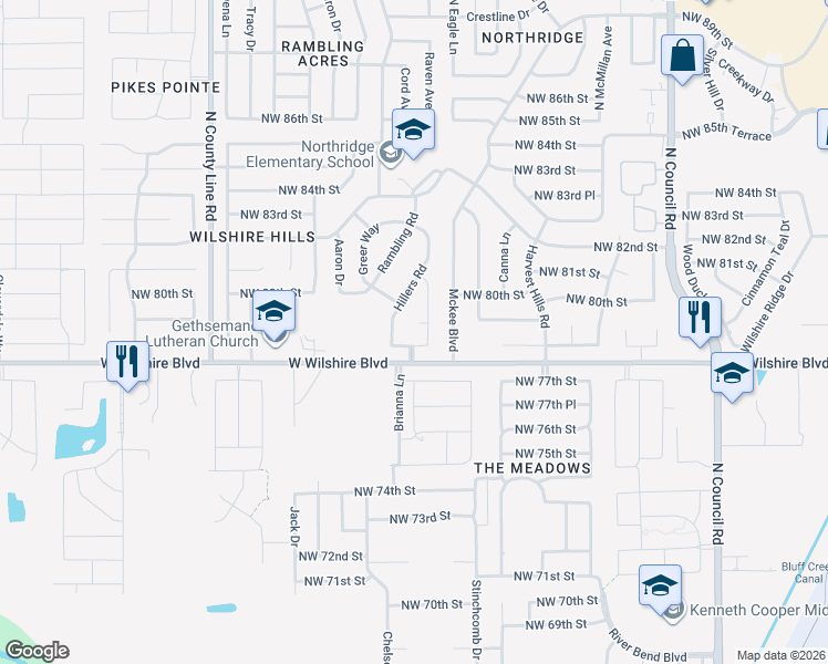 map of restaurants, bars, coffee shops, grocery stores, and more near 8417 Northwest 79th Terrace in Oklahoma City
