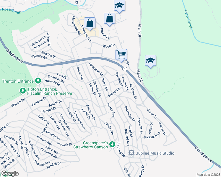 map of restaurants, bars, coffee shops, grocery stores, and more near 2751 Ernest Place in Cambria