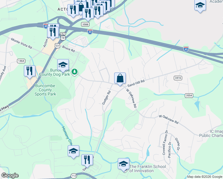 map of restaurants, bars, coffee shops, grocery stores, and more near 913 Sand Hill Road in Asheville