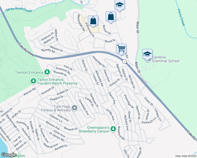 map of restaurants, bars, coffee shops, grocery stores, and more near 2429 Wilcombe Road in Cambria