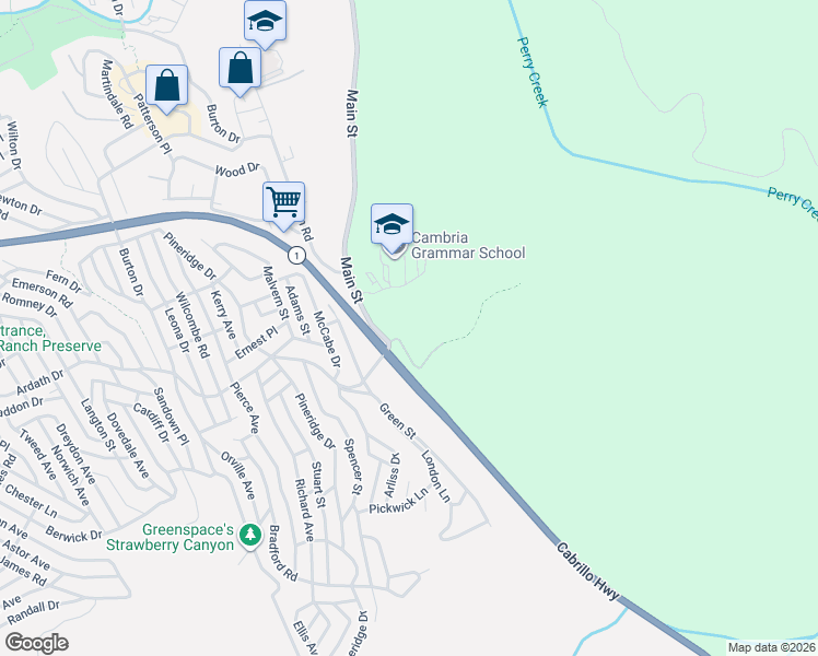 map of restaurants, bars, coffee shops, grocery stores, and more near 2120 Green Street in Cambria