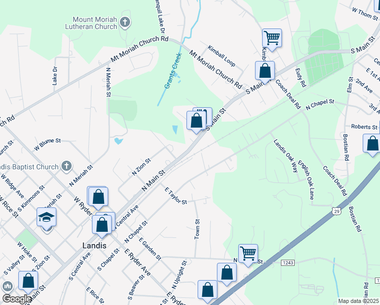 map of restaurants, bars, coffee shops, grocery stores, and more near 620 North Main Street in Landis