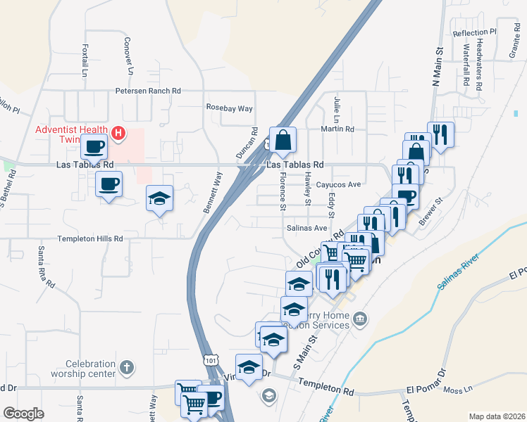 map of restaurants, bars, coffee shops, grocery stores, and more near 799 Forest Avenue in Templeton