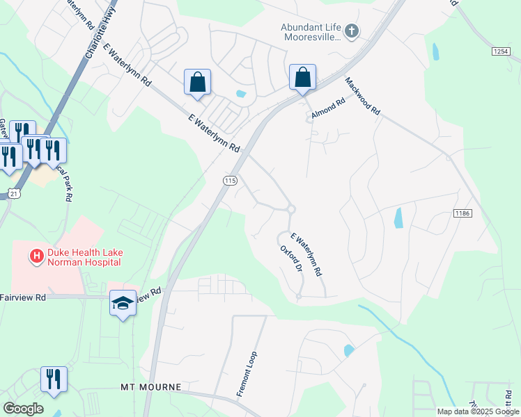 map of restaurants, bars, coffee shops, grocery stores, and more near 136 Foxfield Park Drive in Mooresville