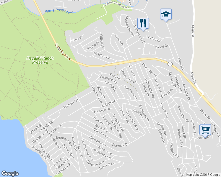 map of restaurants, bars, coffee shops, grocery stores, and more near 2410 Langton Street in Cambria