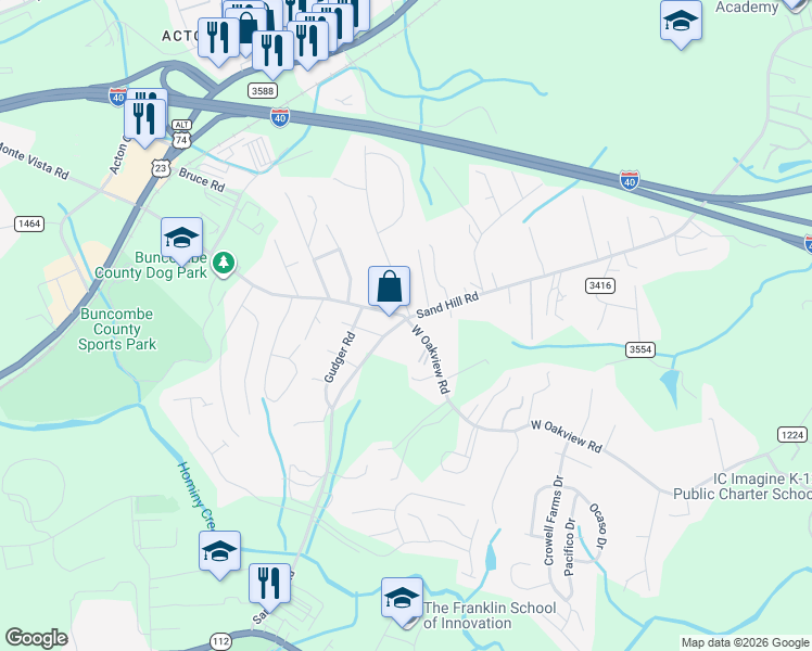 map of restaurants, bars, coffee shops, grocery stores, and more near 902 Sand Hill Road in Asheville