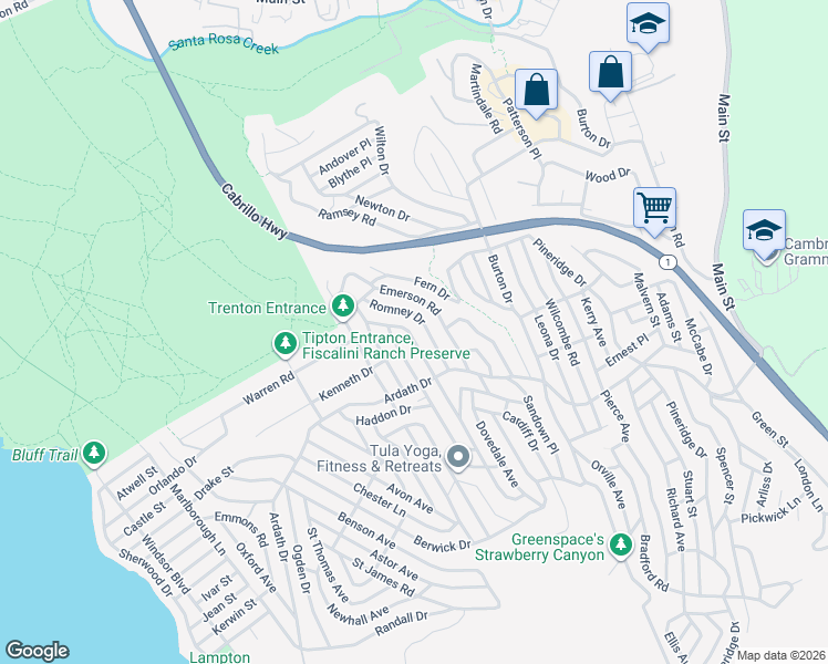 map of restaurants, bars, coffee shops, grocery stores, and more near 2410 Langton Street in Cambria