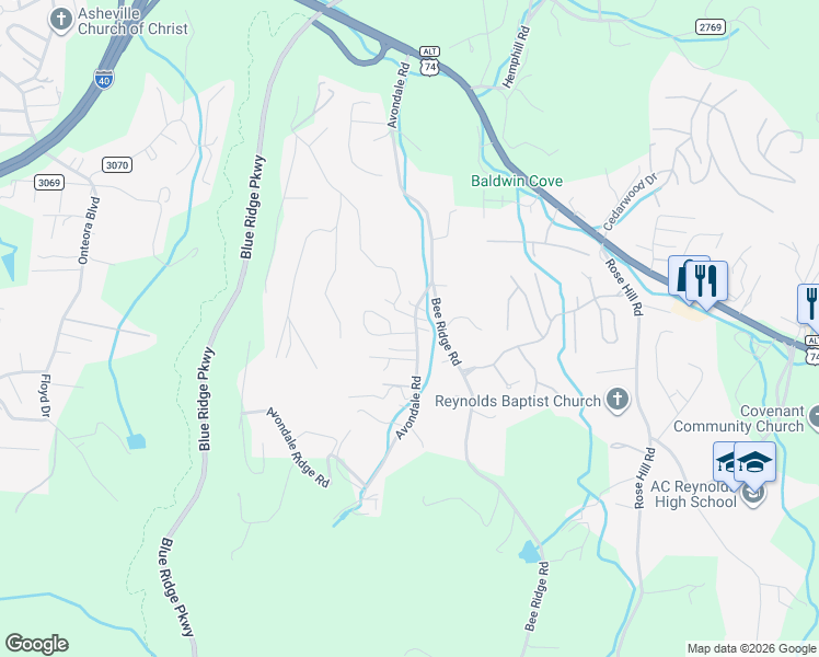 map of restaurants, bars, coffee shops, grocery stores, and more near 85 Avondale Road in Asheville