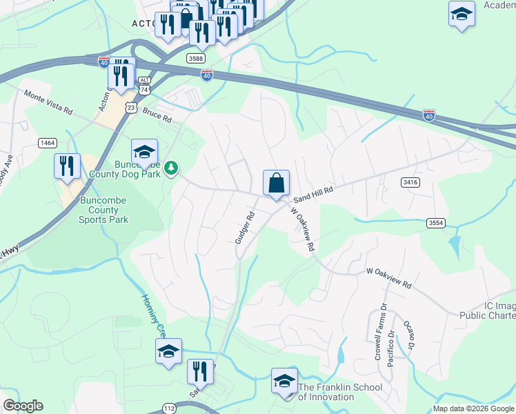 map of restaurants, bars, coffee shops, grocery stores, and more near 913 Sand Hill Road in Asheville