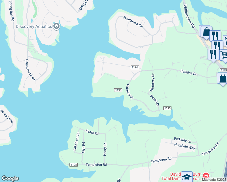 map of restaurants, bars, coffee shops, grocery stores, and more near Rainbow Lane in Mooresville