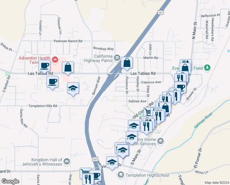 map of restaurants, bars, coffee shops, grocery stores, and more near Forest Avenue in Templeton