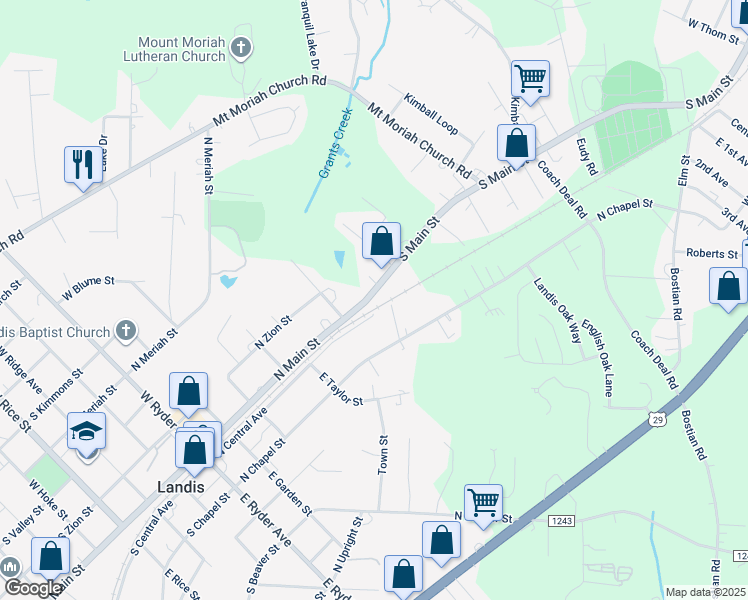 map of restaurants, bars, coffee shops, grocery stores, and more near 620 North Main Street in Landis