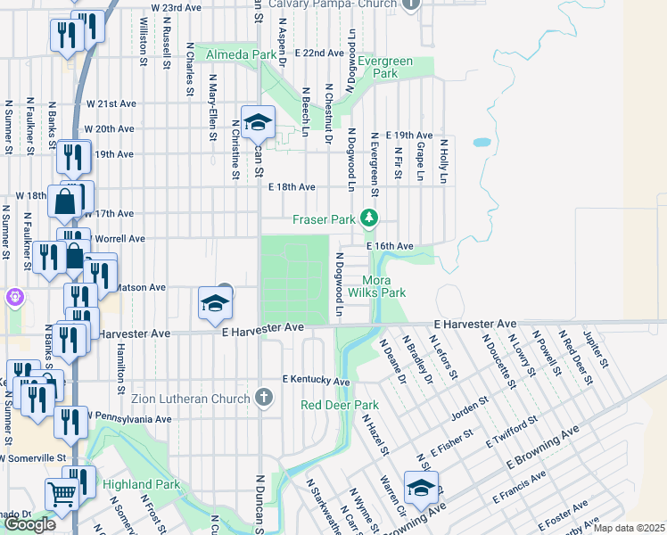 map of restaurants, bars, coffee shops, grocery stores, and more near 700-718 East 14th Avenue in Pampa