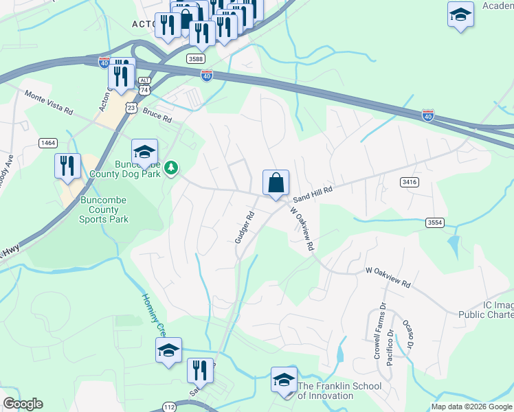 map of restaurants, bars, coffee shops, grocery stores, and more near 913 Sand Hill Road in Asheville