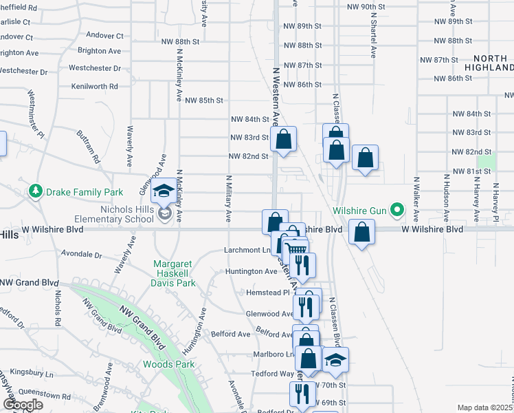 map of restaurants, bars, coffee shops, grocery stores, and more near 1133 Northwest 80th Street in Oklahoma City