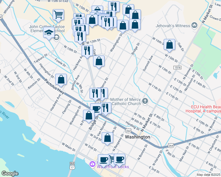 map of restaurants, bars, coffee shops, grocery stores, and more near 820 Bridge Street in Washington
