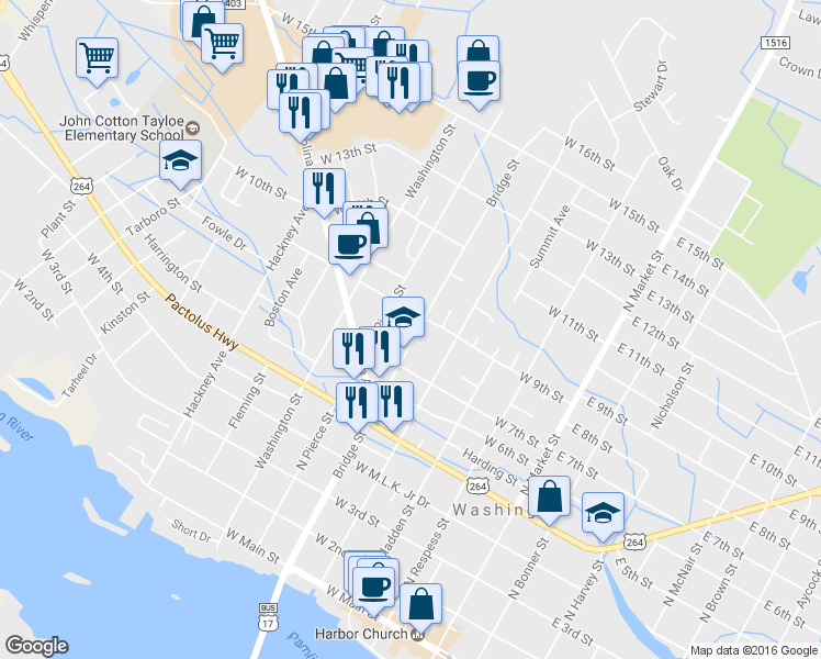 map of restaurants, bars, coffee shops, grocery stores, and more near 820 North Bridge Street in Washington