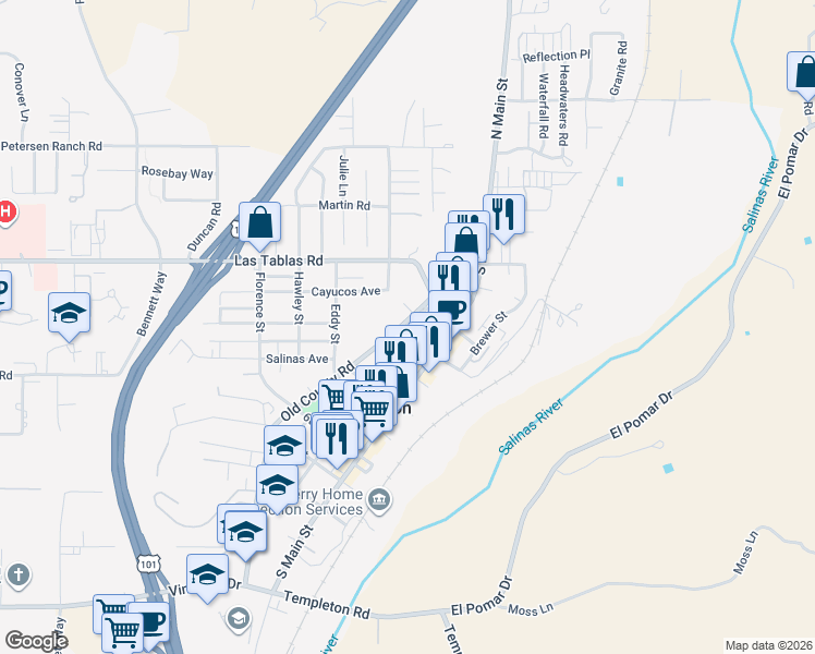 map of restaurants, bars, coffee shops, grocery stores, and more near 215 Old County Road in Templeton
