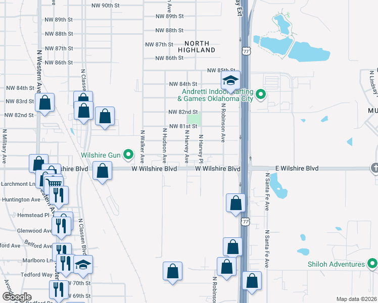 map of restaurants, bars, coffee shops, grocery stores, and more near 251 Northwest 80th Street in Oklahoma City