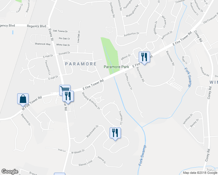 map of restaurants, bars, coffee shops, grocery stores, and more near 172 Pine Branches Close in Winterville