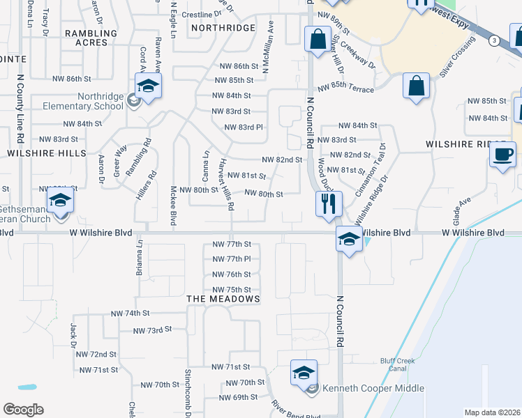 map of restaurants, bars, coffee shops, grocery stores, and more near 8100 Northwest 80th Street in Oklahoma City
