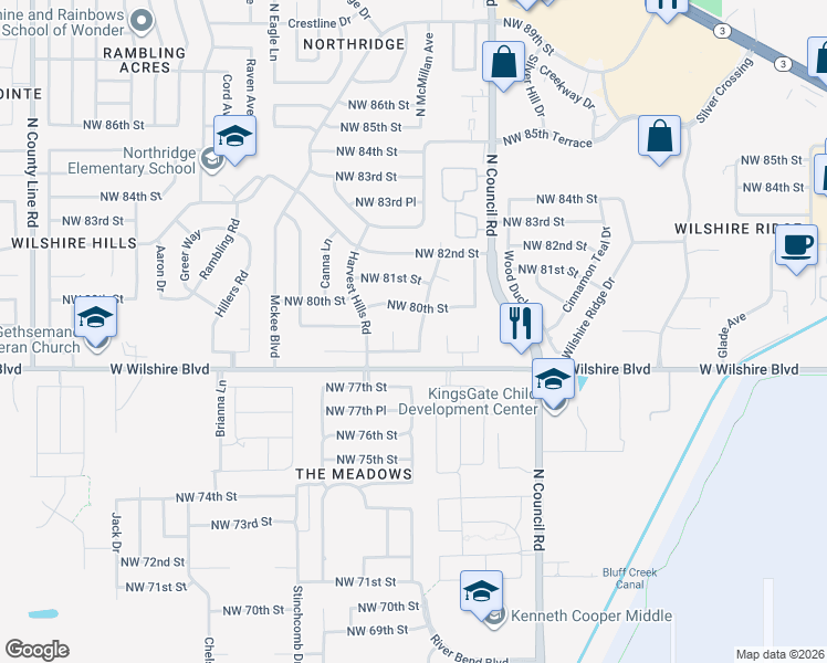 map of restaurants, bars, coffee shops, grocery stores, and more near 8100 Northwest 80th Street in Oklahoma City