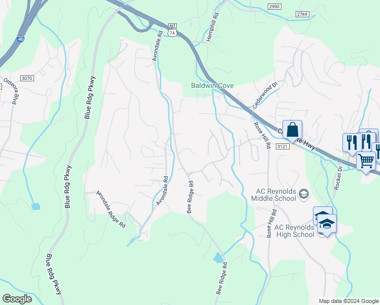 map of restaurants, bars, coffee shops, grocery stores, and more near 21 Wyntree Drive in Asheville