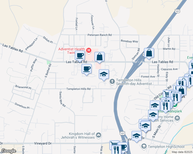 map of restaurants, bars, coffee shops, grocery stores, and more near Calle de Pueblo in Templeton